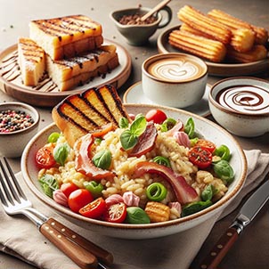 Ensalada, Risotto, Torrijas y Churros